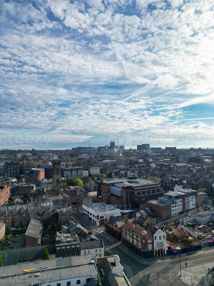 High Angle View of Historical and Modern British City Centre of Liverpool, Maritime city in northwest England, United Kingdom. Aerial Footage Was Captured with Drone's Camera on May 5th, 2024 photo