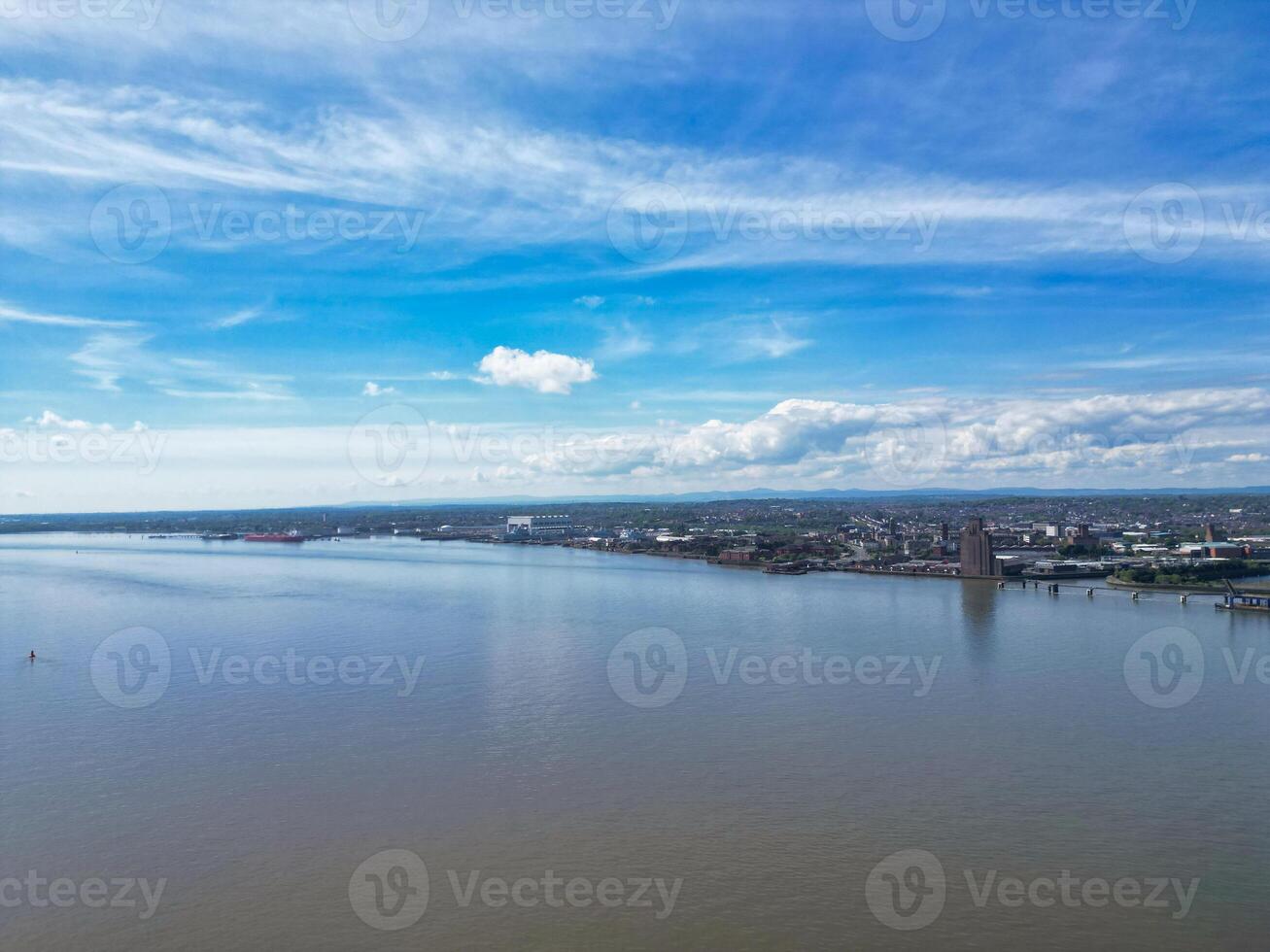 High Angle View of Historical and Modern British City Centre of Liverpool, Maritime city in northwest England, United Kingdom. Aerial Footage Was Captured with Drone's Camera on May 5th, 2024 photo