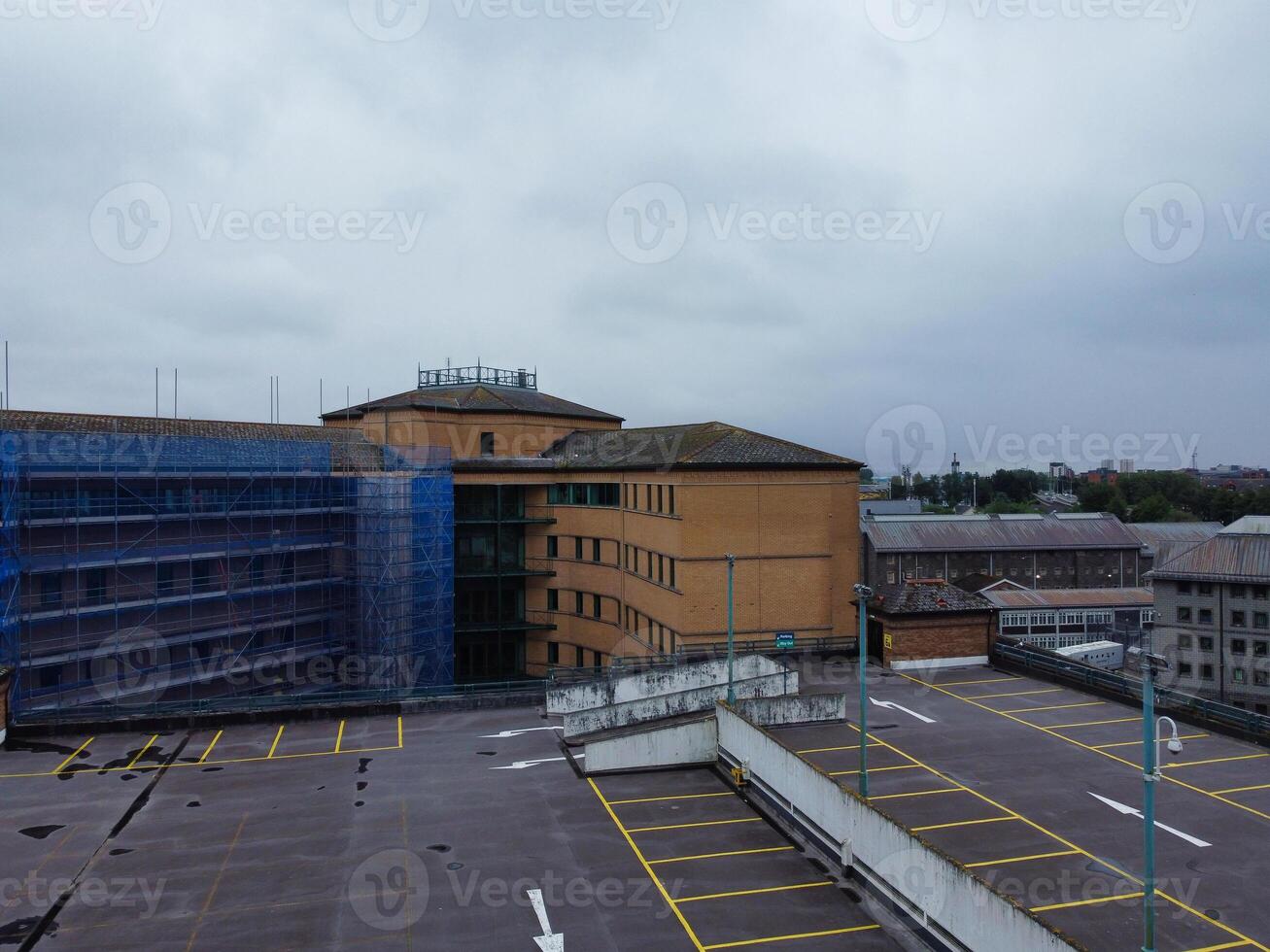 High Angle View of Cardiff City Centre and Buildings at Central Downtown and Near to Ocean Bay During Rainy and Cloudy Day of May 28th, 2024 photo