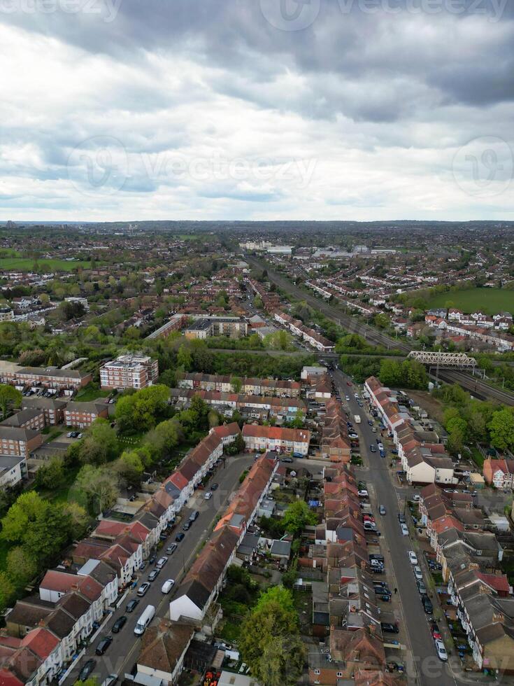 Aerial View of Downtown and Central Wembley London City of England Great Britain. High Angle Footage Was Captured with Drone's Camera from Medium High Altitude on April 17th, 2024 photo