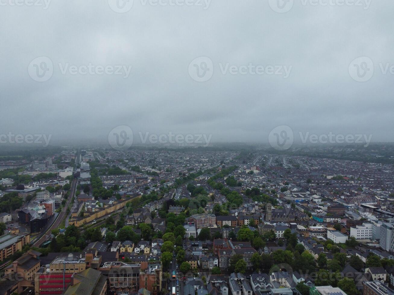 High Angle View of Cardiff City Centre and Buildings at Central Downtown and Near to Ocean Bay During Rainy and Cloudy Day of May 28th, 2024 photo