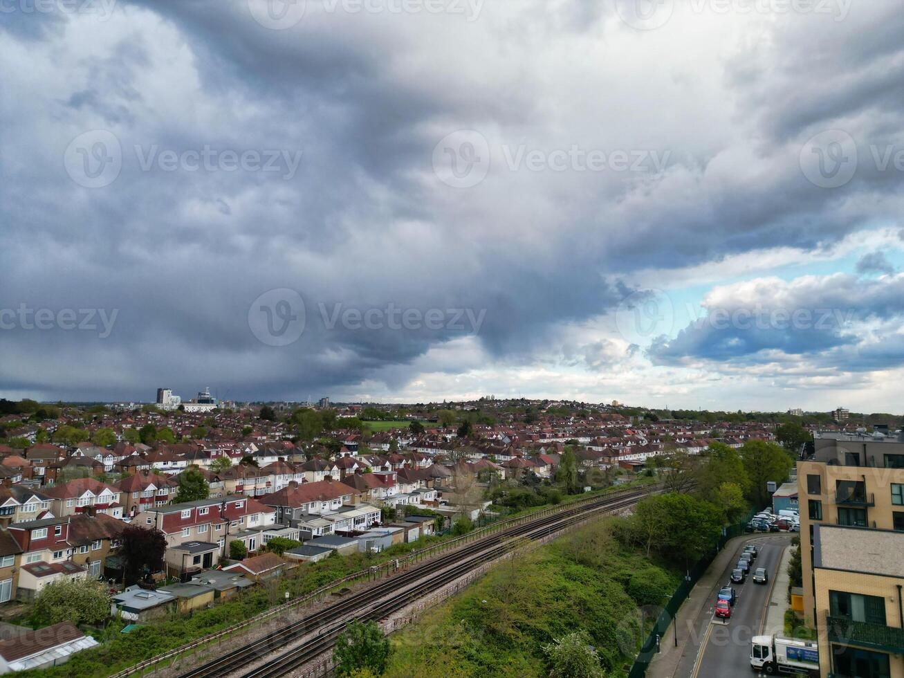 Aerial View of Downtown and Central Wembley London City of England Great Britain. High Angle Footage Was Captured with Drone's Camera from Medium High Altitude on April 17th, 2024 photo