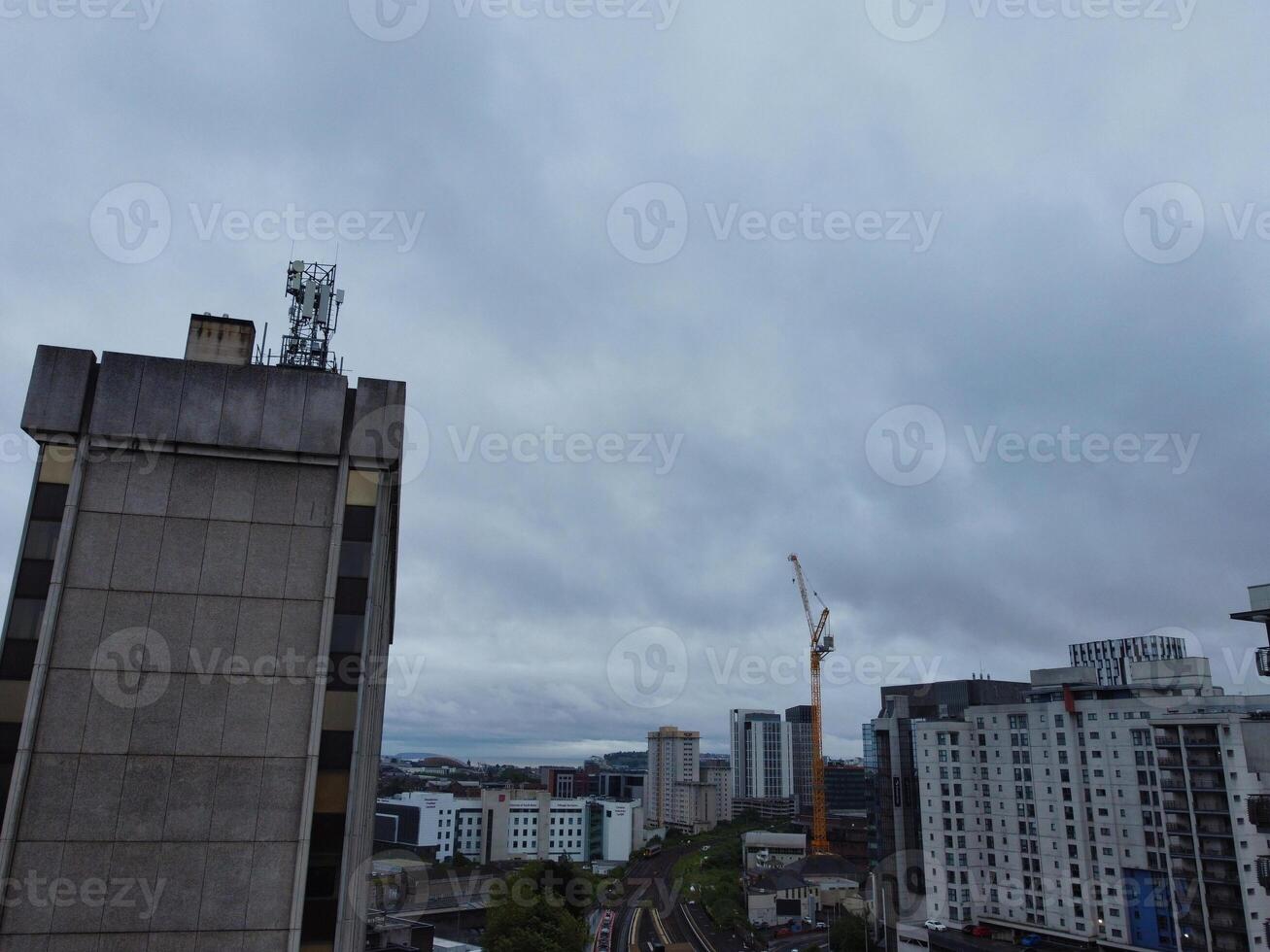 High Angle View of Cardiff City Centre and Buildings at Central Downtown and Near to Ocean Bay During Rainy and Cloudy Day of May 28th, 2024 photo