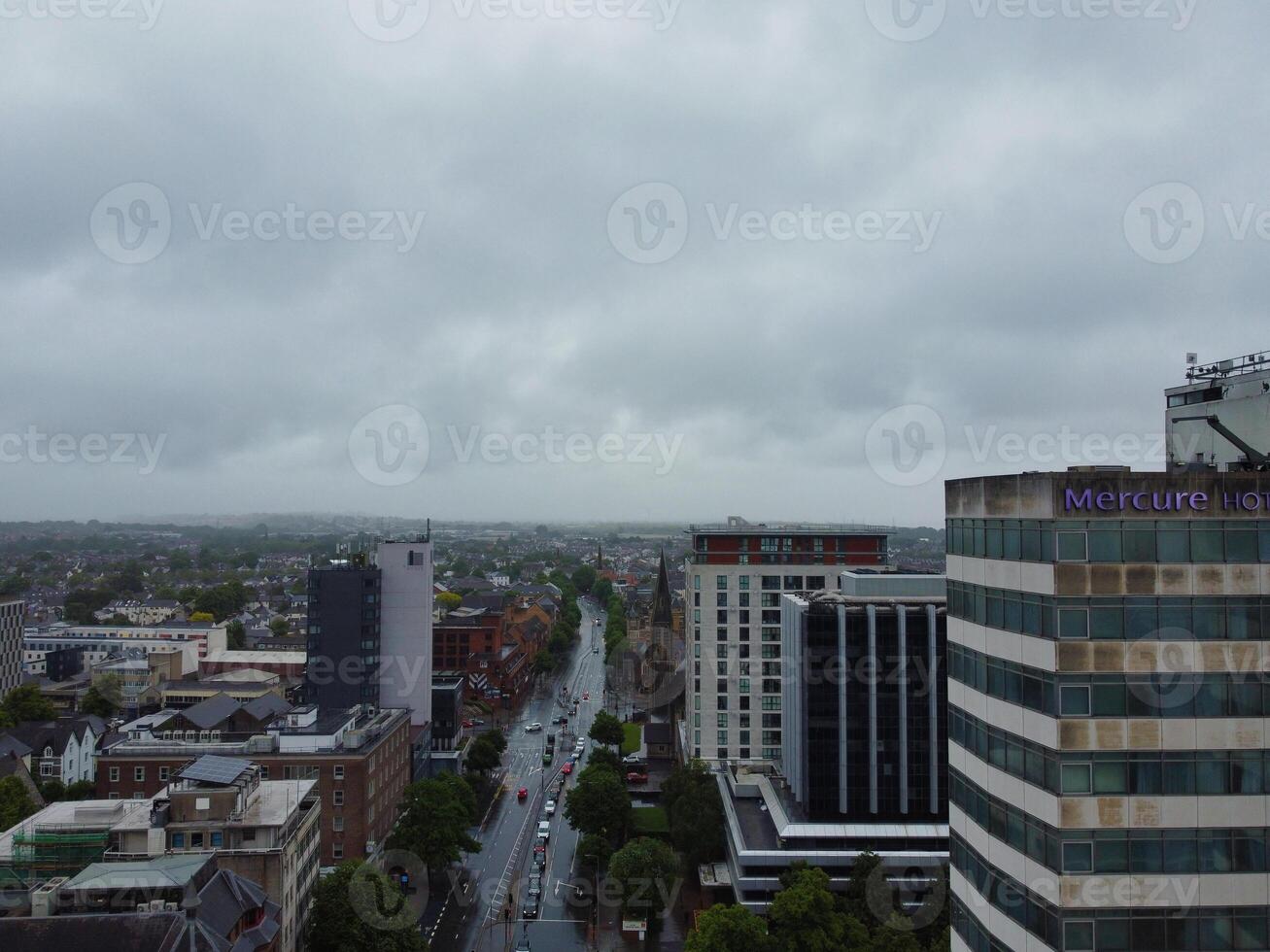 High Angle View of Cardiff City Centre and Buildings at Central Downtown and Near to Ocean Bay During Rainy and Cloudy Day of May 28th, 2024 photo