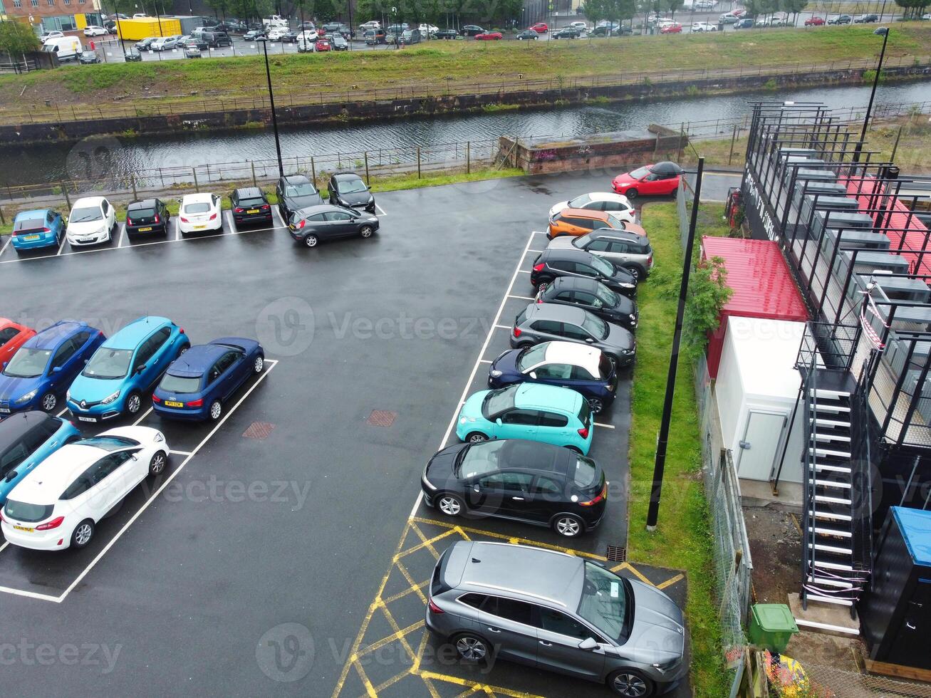 High Angle View of Cardiff City Centre and Buildings at Central Downtown and Near to Ocean Bay During Rainy and Cloudy Day of May 28th, 2024 photo