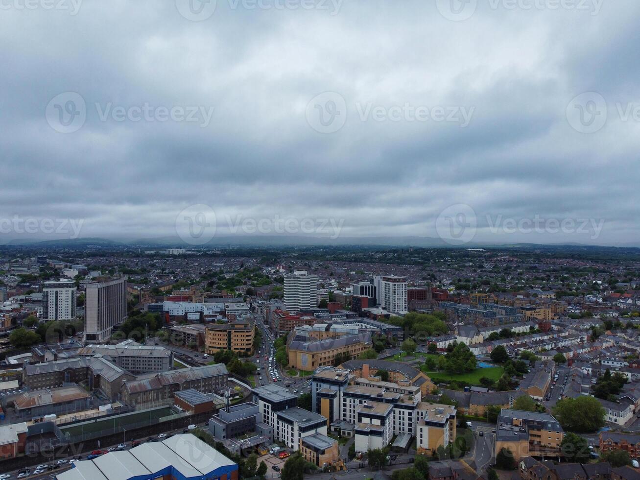 High Angle View of Cardiff City Centre and Buildings at Central Downtown and Near to Ocean Bay During Rainy and Cloudy Day of May 28th, 2024 photo