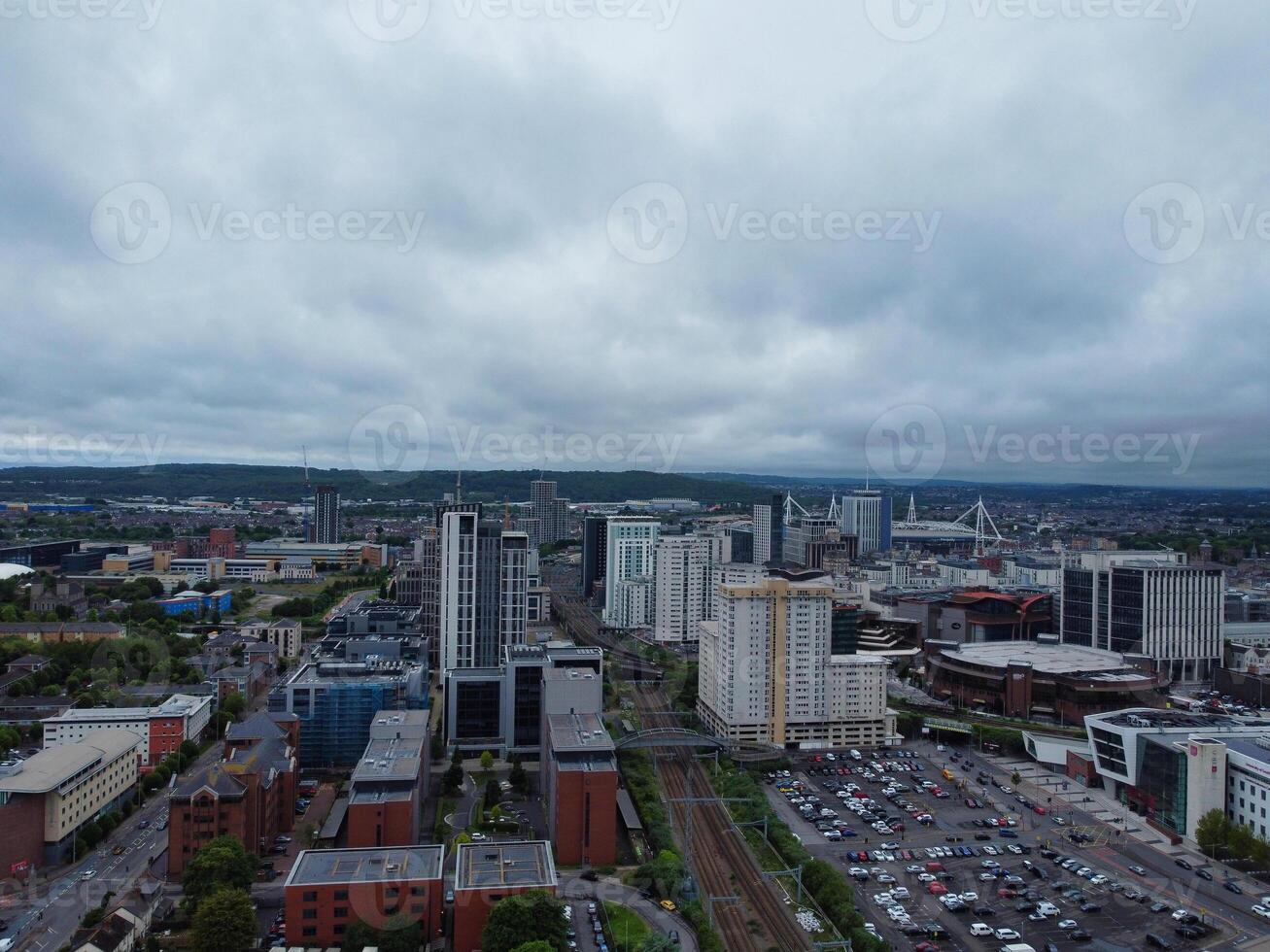 High Angle View of Cardiff City Centre and Buildings at Central Downtown and Near to Ocean Bay During Rainy and Cloudy Day of May 28th, 2024 photo