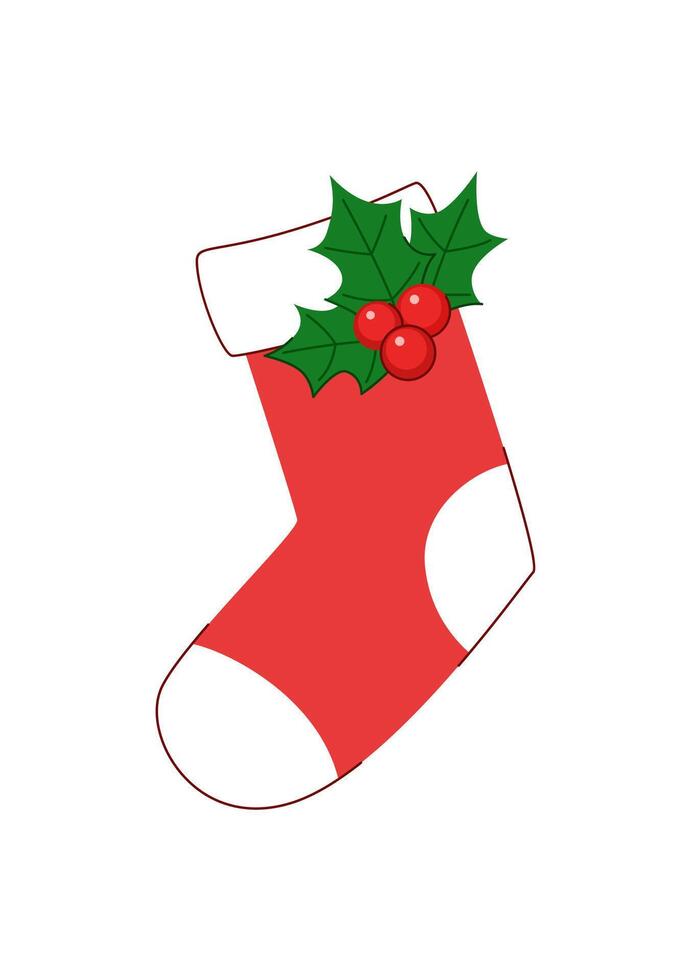 Christmas red hanging stocking for gifts decorated with holly berries. Isolated on white background. Christmas element. vector