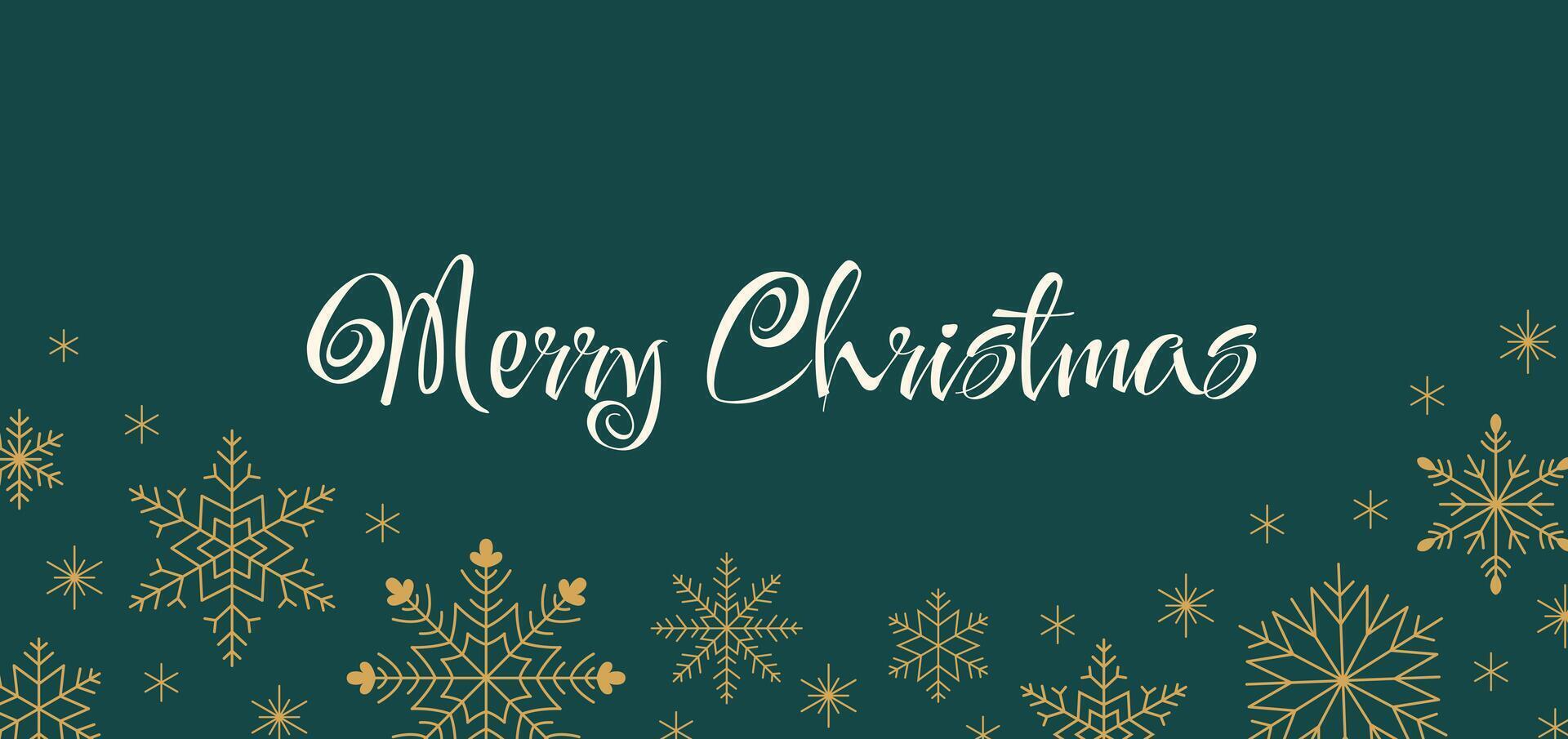 Christmas minimalist flat banner. Golden snowflakes and Merry Christmas lettering on cold green background. vector