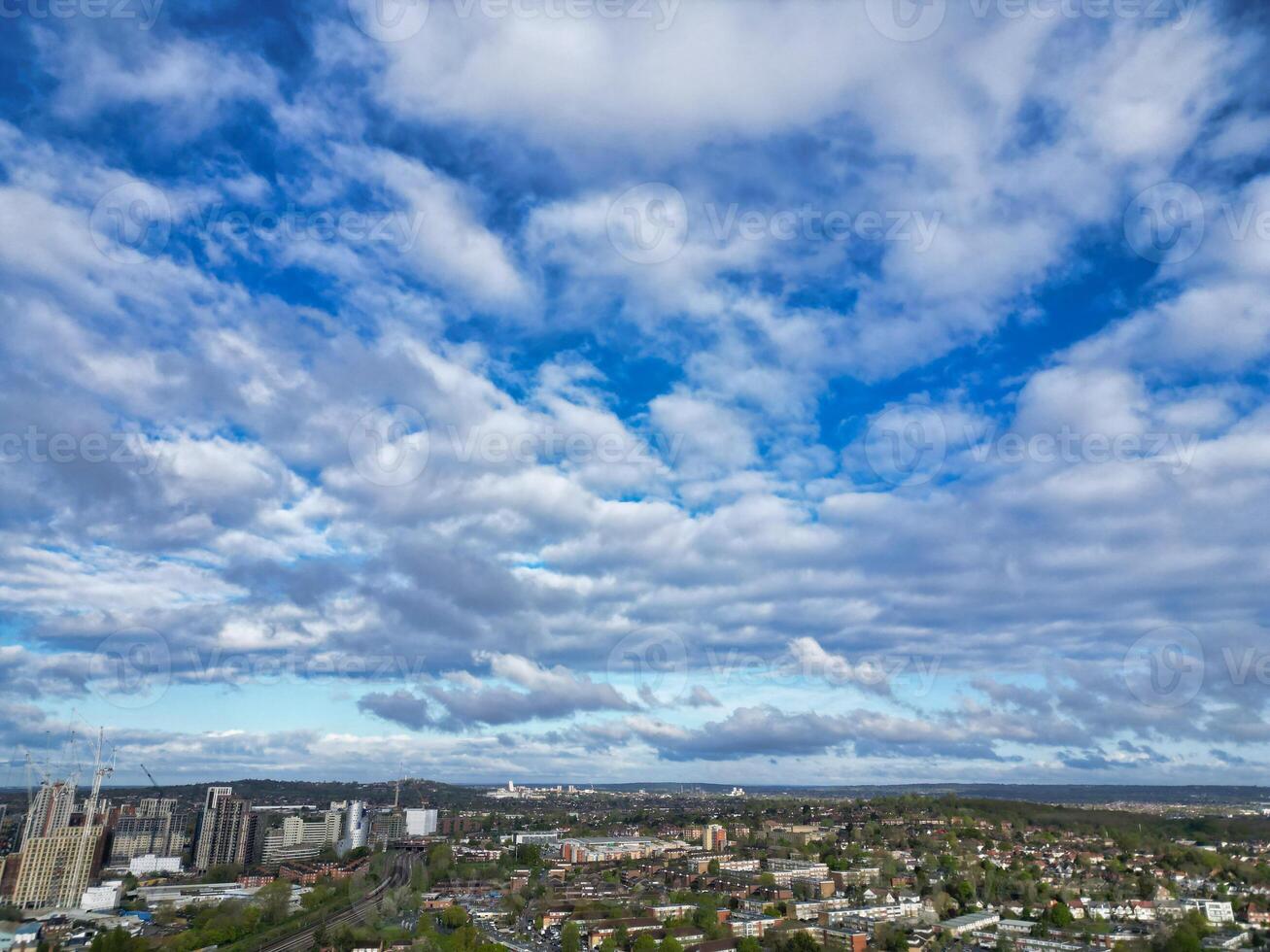 Aerial View of Downtown and Central Wembley London City of England Great Britain. High Angle Footage Was Captured with Drone's Camera from Medium High Altitude on April 17th, 2024 photo