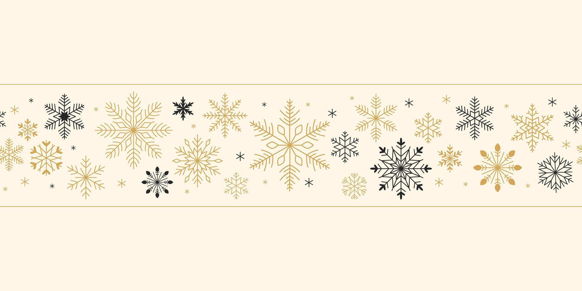 Christmas seamless border in minimalist style. Golden and black snowflakes on milky background. New Year winter design in trendy colors. vector