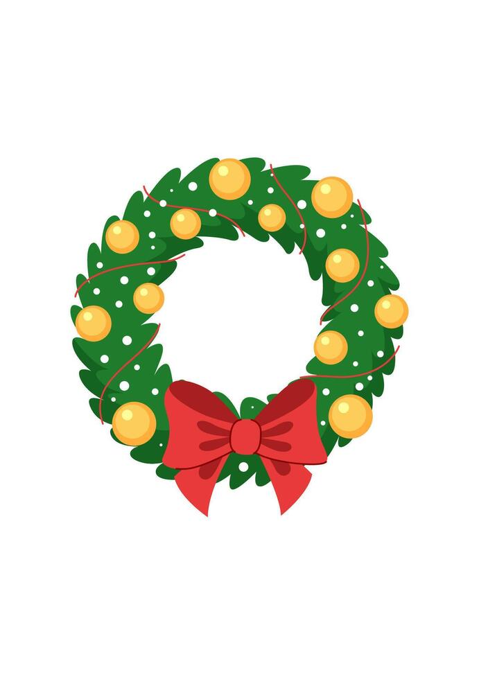 Christmas wreath made of fir branches, decorated with balls and a bow. Element for Christmas and New Year design. White background. vector