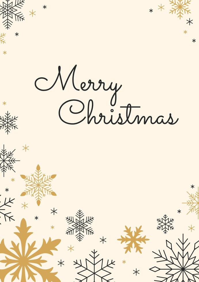 Christmas card with the Merry Christmas lettering. Golden and black snowflakes on a milky background. Vertical Christmas banner in a minimalist style. Inscription in a frame of snowflakes. vector
