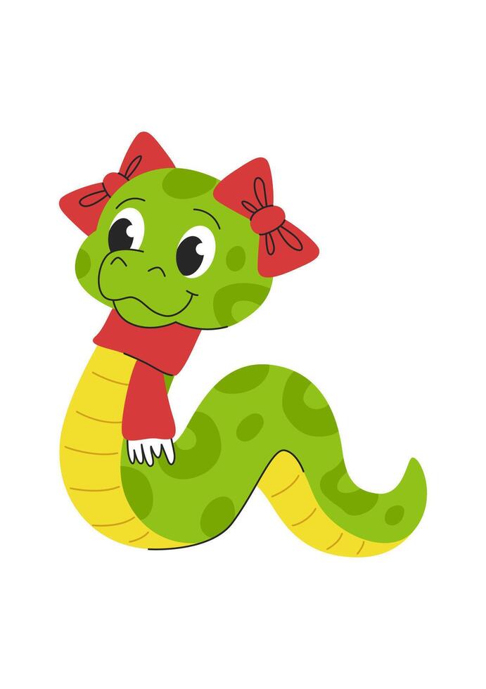 Cute Christmas snake with bows New Year scarf. Green snake. Chinese horoscope sign for 2025. Isolated on a white background. vector