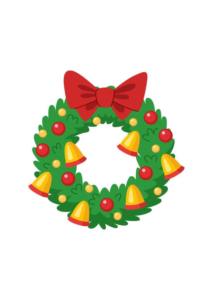 Christmas wreath made of fir branches, decorated with bells, red and gold balls. Element for Christmas and New Year design.White background. vector