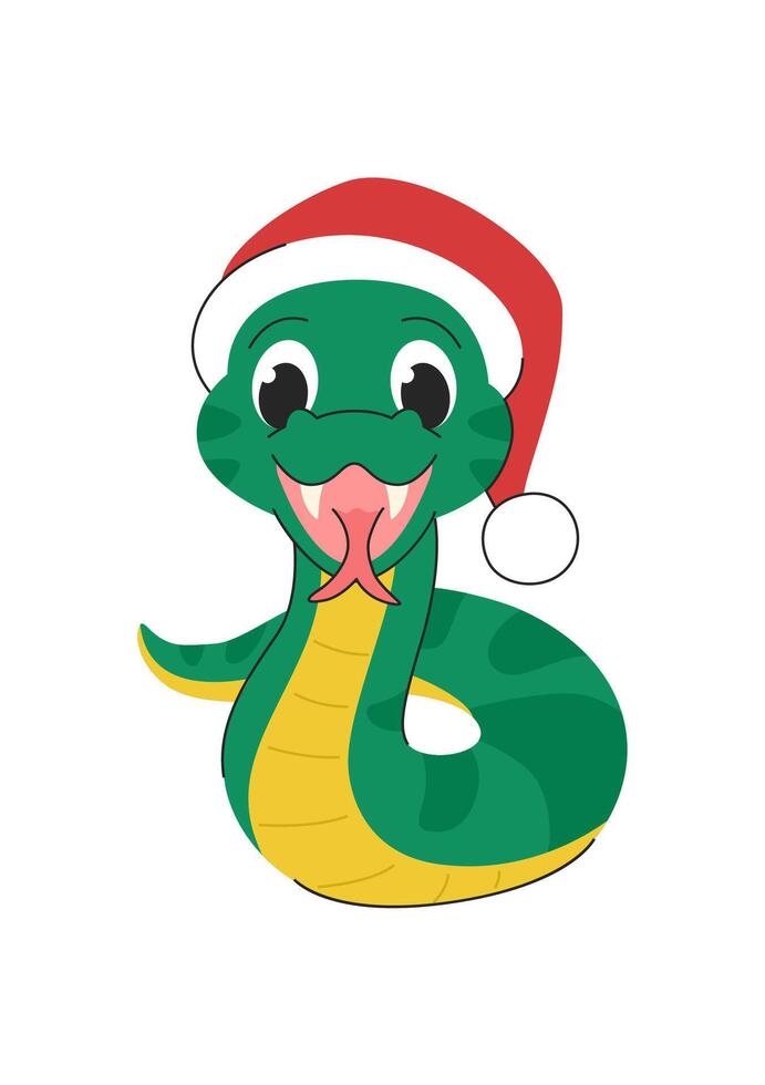 Cute Christmas snake in a New Year hat shows its tongue. Green snake. Chinese horoscope sign for 2025. Isolated on a white background. vector