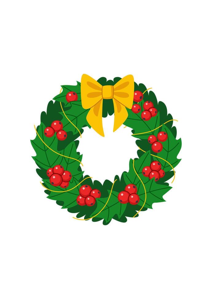 Christmas wreath made of leaves and berries, holly, decorated with a bow and ribbon. Element for Christmas and New Year design. Isolated on white background. vector