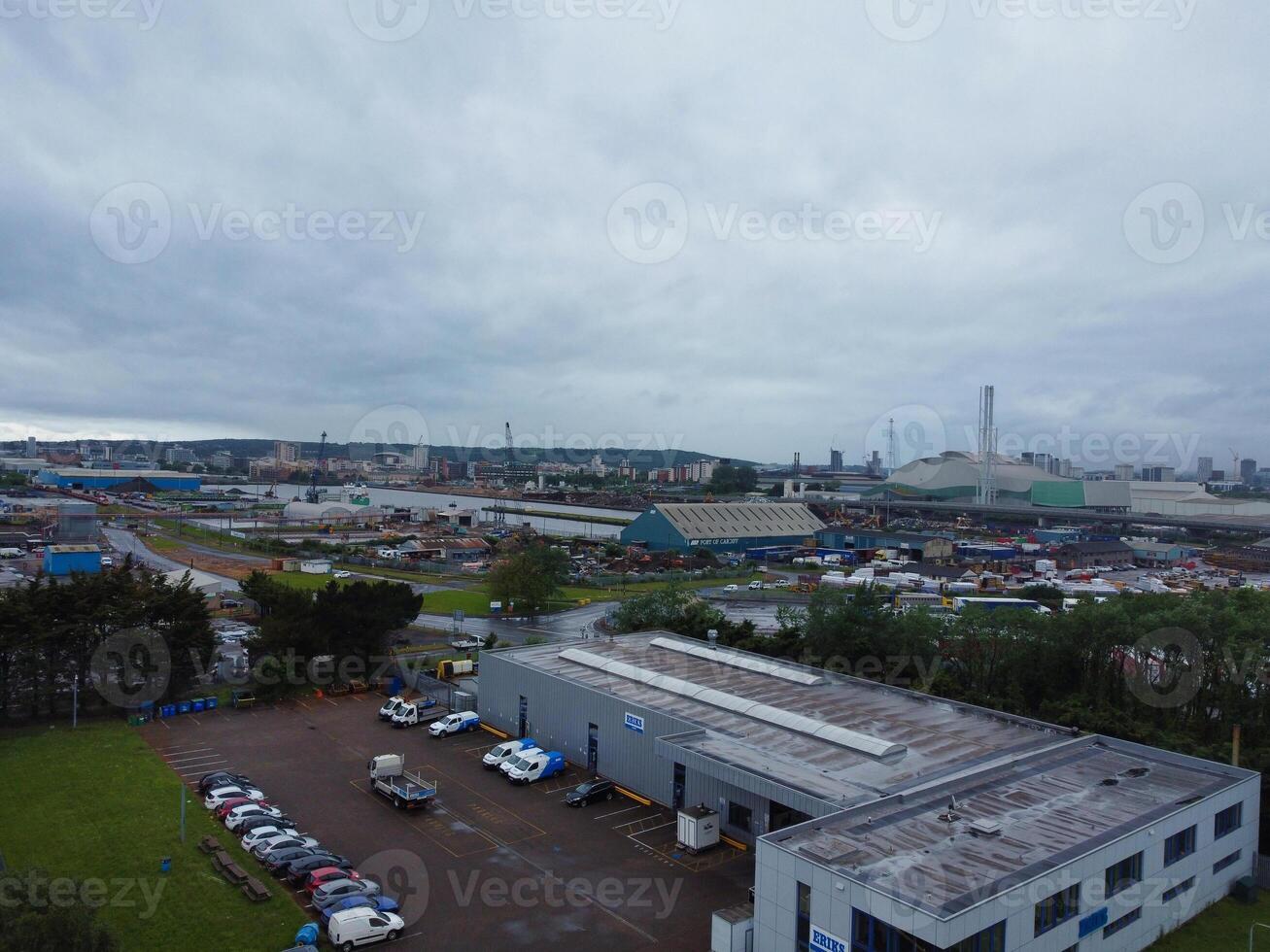 High Angle View of Cardiff City Centre and Buildings at Central Downtown and Near to Ocean Bay During Rainy and Cloudy Day of May 28th, 2024 photo