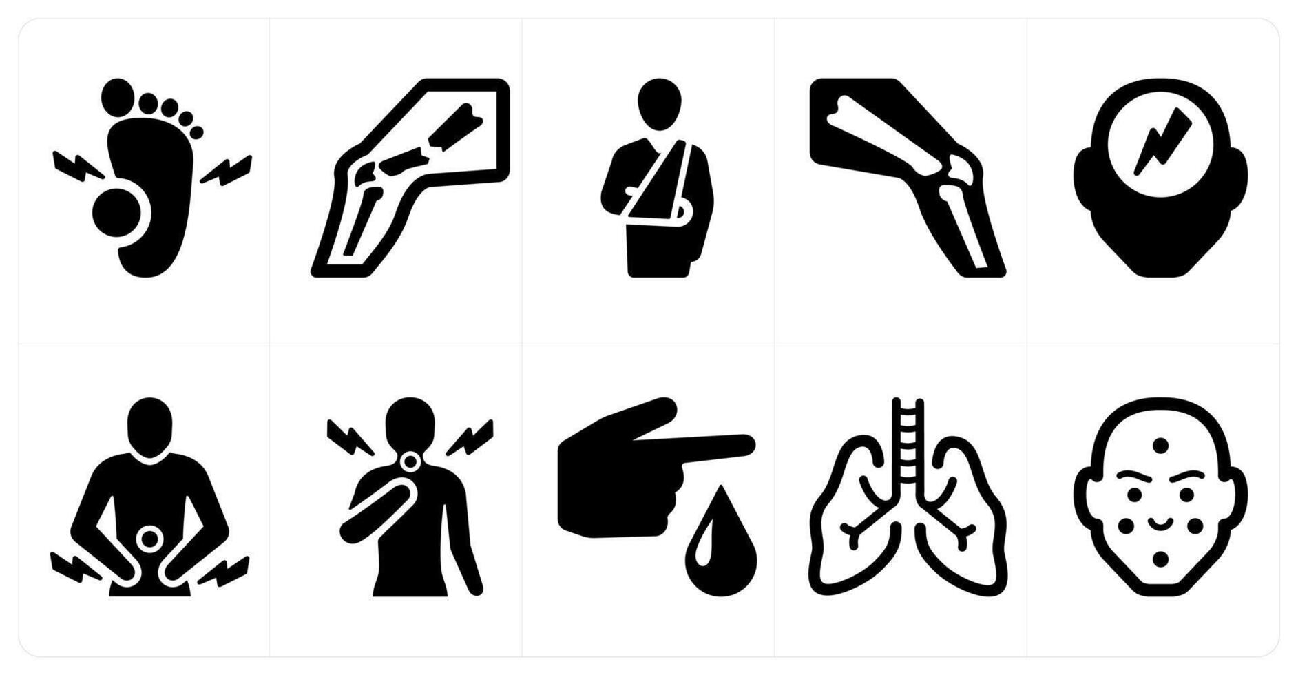 A set of 10 medical icons as foot pain, broken leg, broken arm vector