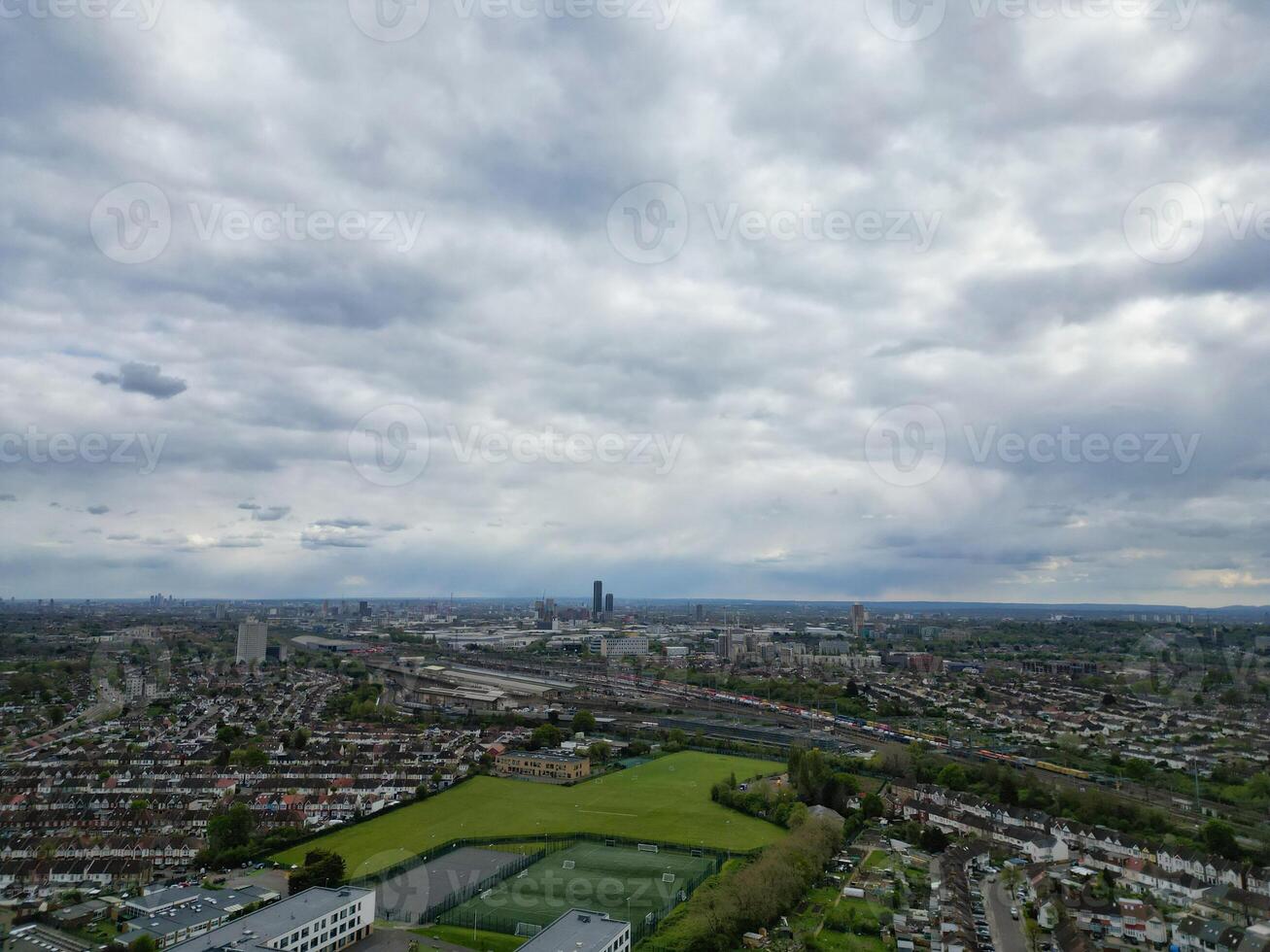 Aerial View of Downtown and Central Wembley London City of England Great Britain. High Angle Footage Was Captured with Drone's Camera from Medium High Altitude on April 17th, 2024 photo