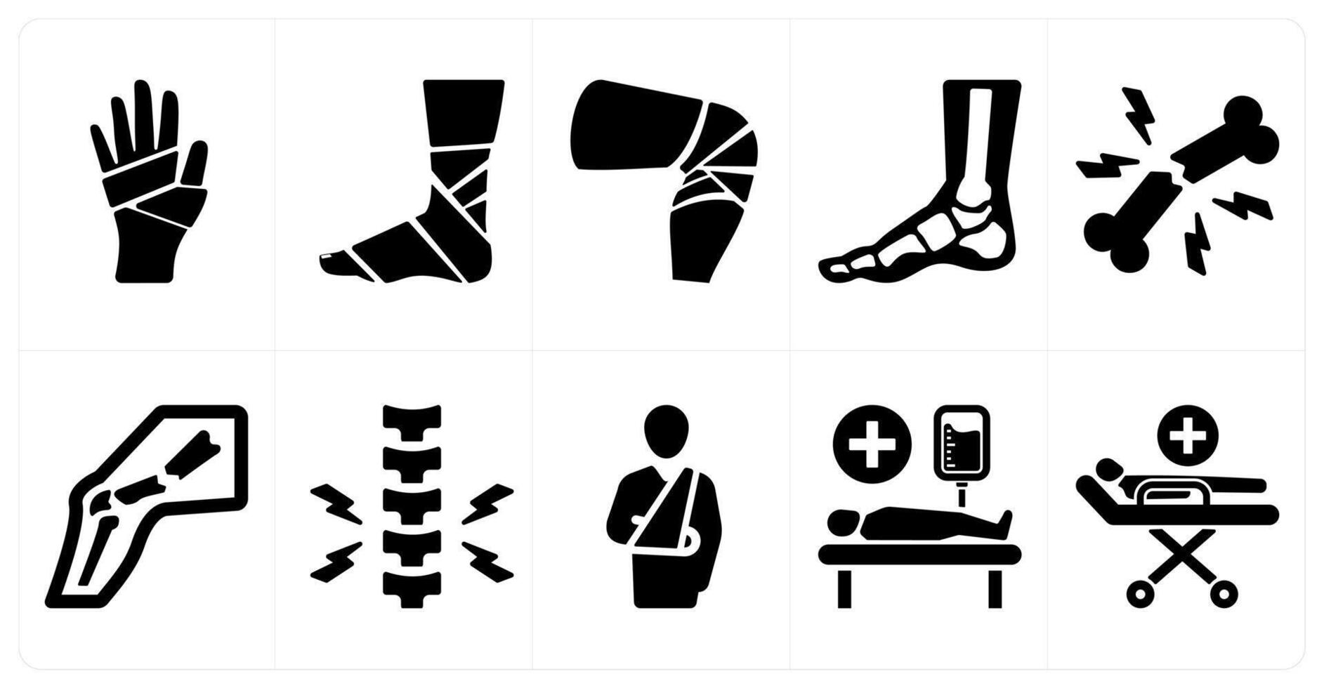 A set of 10 medical icons as hand fracture, leg fracture, knee fracture vector