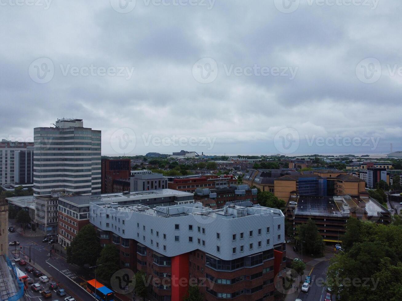 High Angle View of Cardiff City Centre and Buildings at Central Downtown and Near to Ocean Bay During Rainy and Cloudy Day of May 28th, 2024 photo