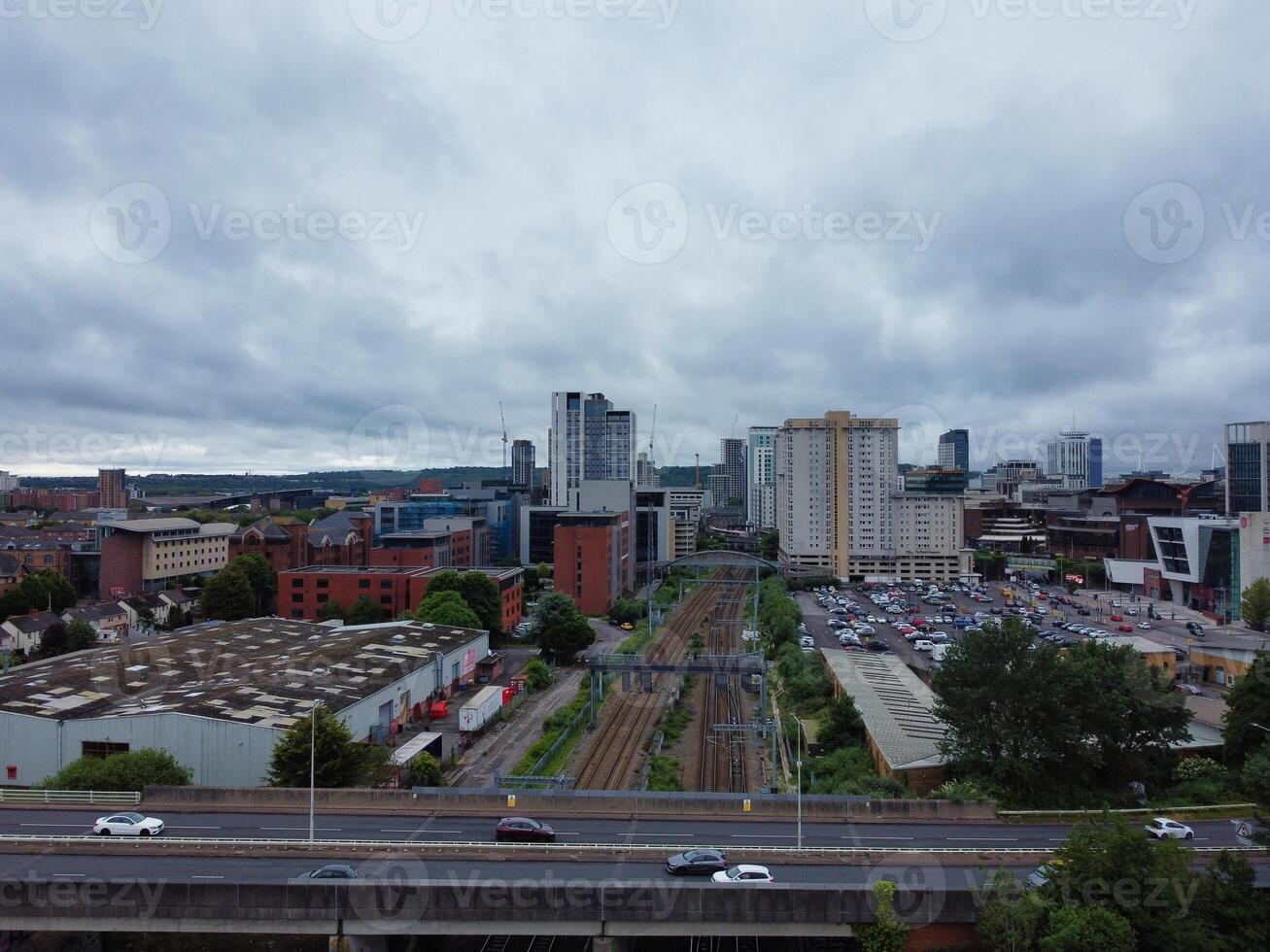 High Angle View of Cardiff City Centre and Buildings at Central Downtown and Near to Ocean Bay During Rainy and Cloudy Day of May 28th, 2024 photo