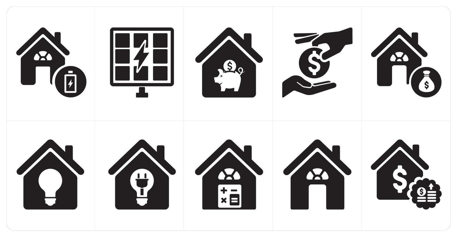 A set of 10 Real Estate icons as power house, solar panels, house savings vector