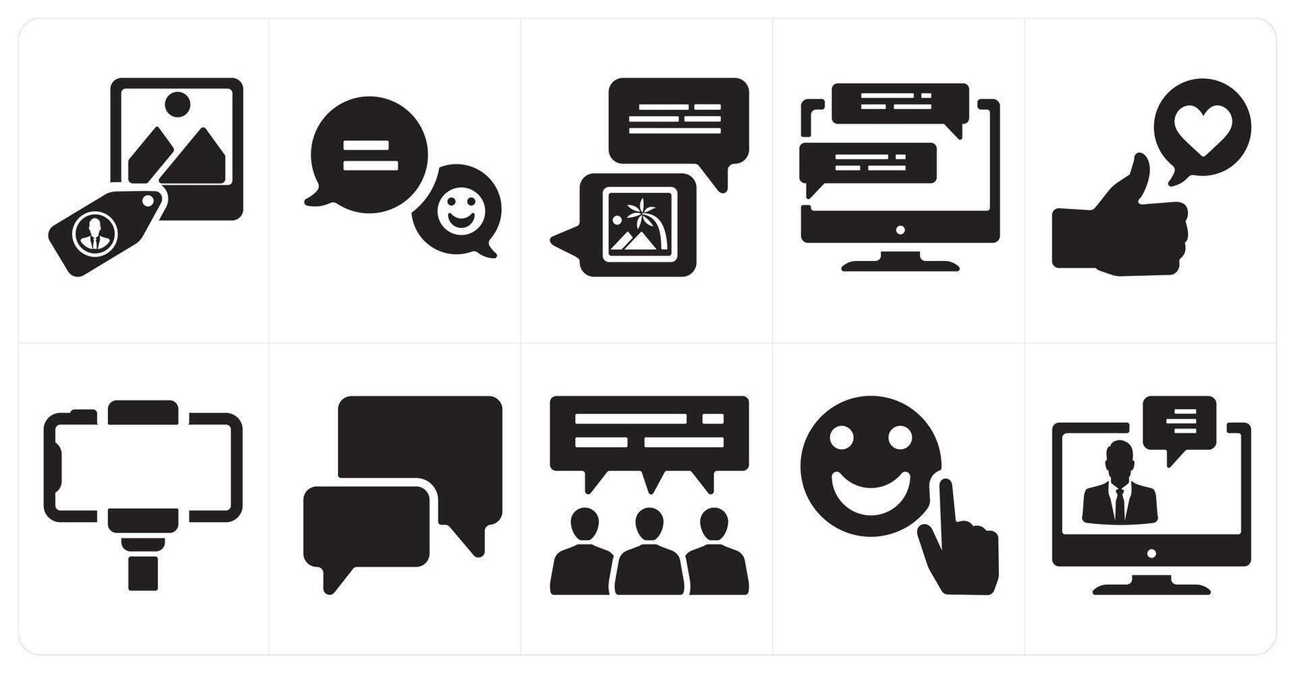 A set of 10 social icons as tag photo, smiley feedback, photo comment vector