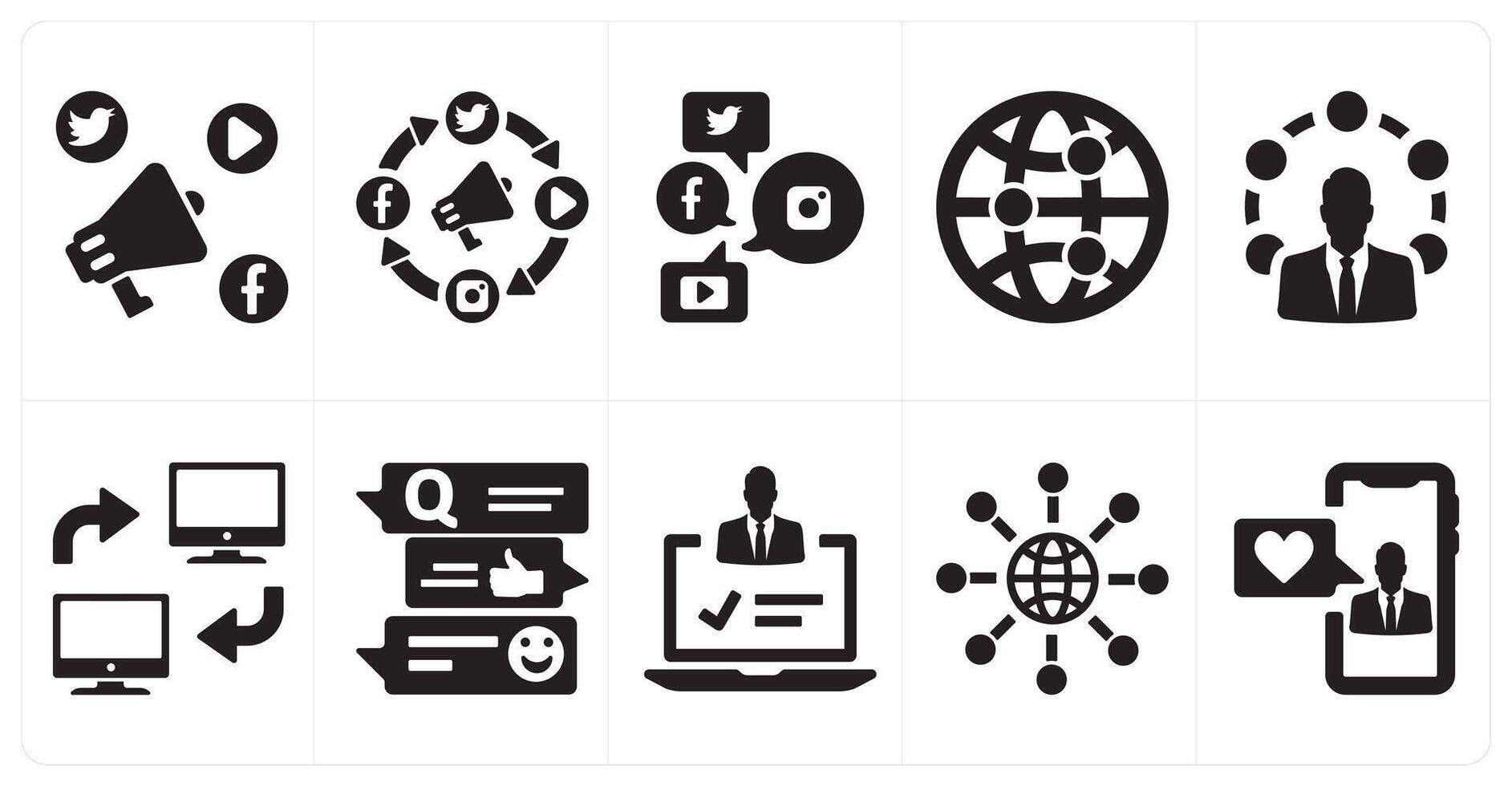 A set of 10 social icons as advertising media, broadcast media, social media vector
