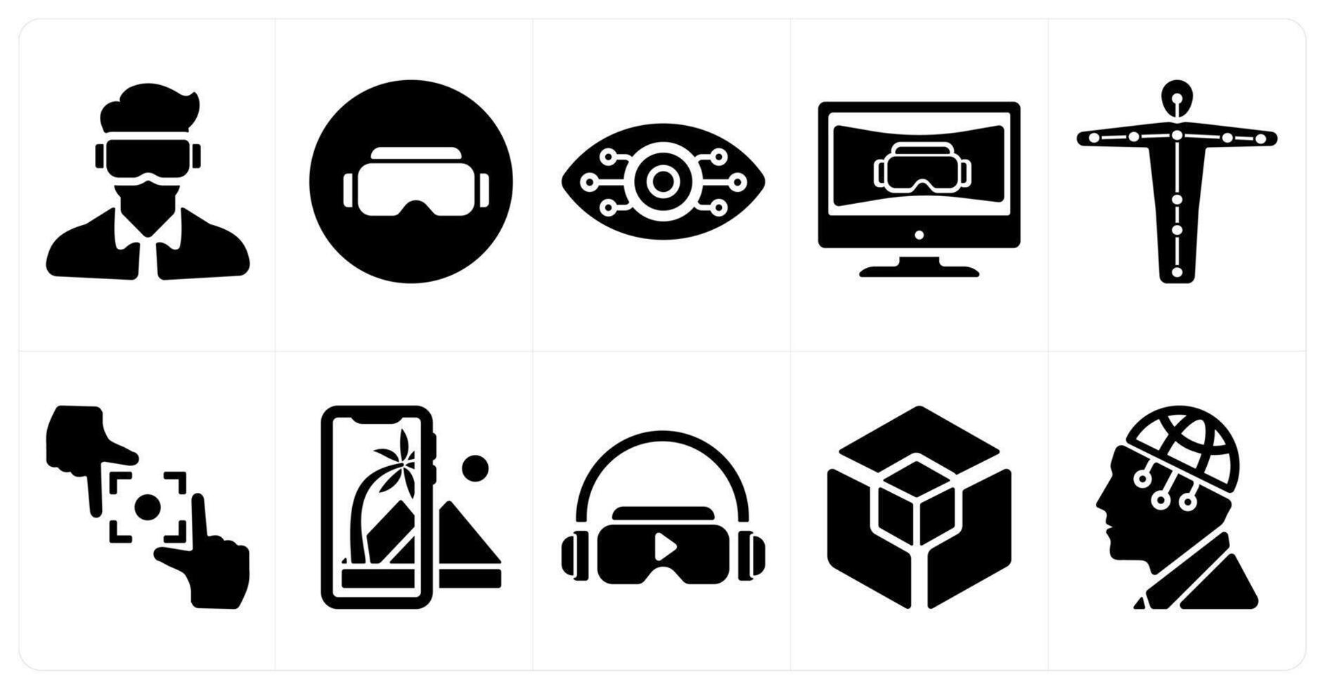 A set of 10 Virtual Reality icons as oculus vr, emotion, cyber eye vision vector