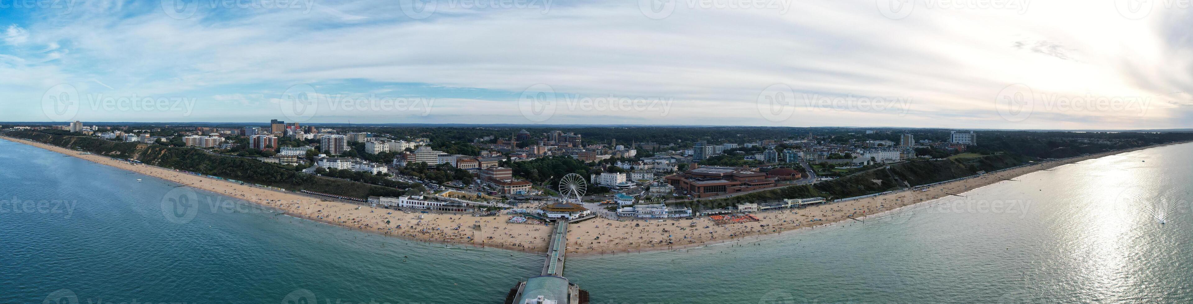 Aerial Panoramic View of Best British Tourist Attraction at Bournemouth City of England Great Britain UK. High Angle Footage was Captured with Drone's Camera from High Altitude on August 23rd, 2024 photo