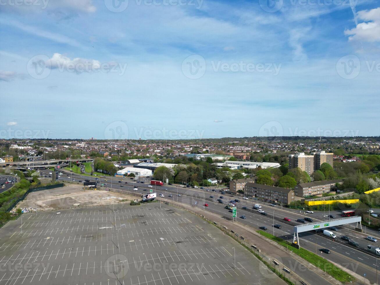 Aerial View of Brent Cross West Hendon London City of England United Kingdom, High Angle Drone's Camera Footage Was Captured on April 12th, 2024 from Medium High Altitude. photo
