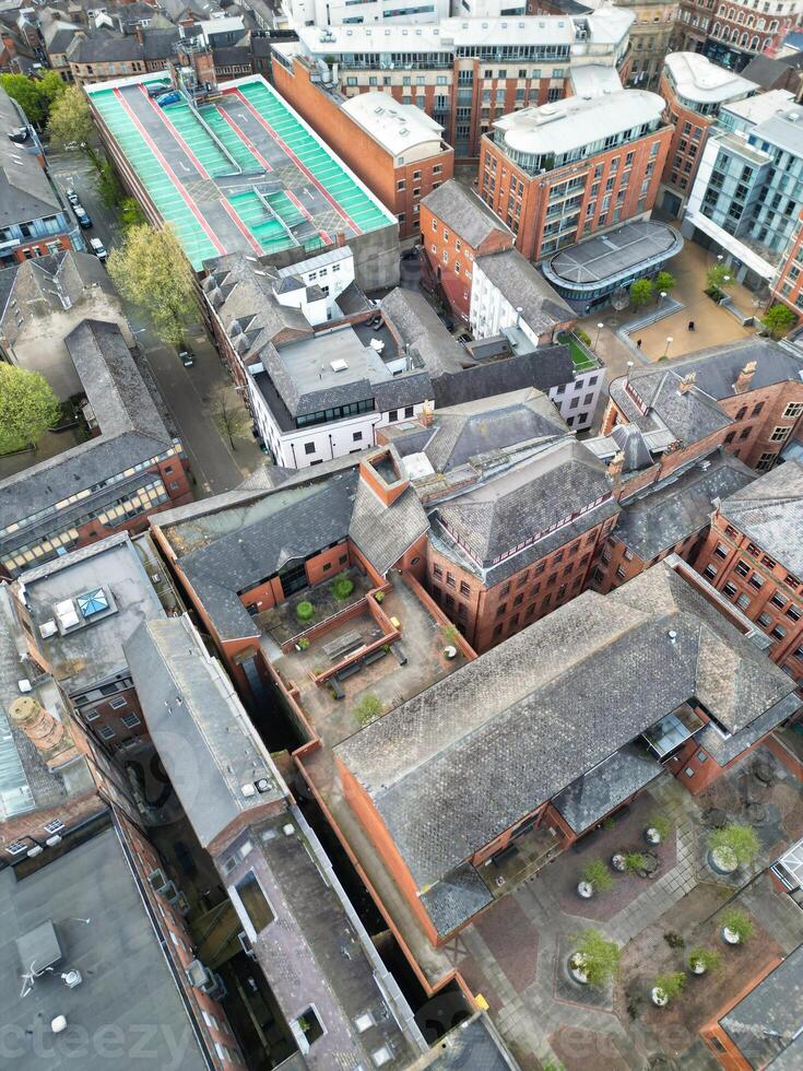 High Angle View of Buildings at Downtown Central Northampton City of East Midlands Region of England Great Britain. Aerial Footage Was Captured with Drone's Camera on April 26th, 2024 photo