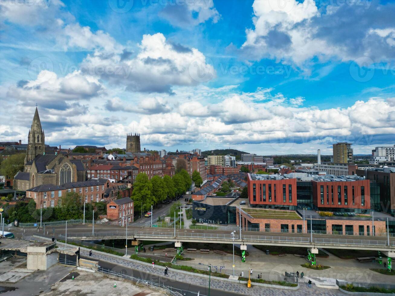 High Angle View of Buildings at Downtown Central Northampton City of East Midlands Region of England Great Britain. Aerial Footage Was Captured with Drone's Camera on April 26th, 2024 photo