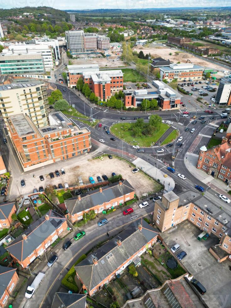 High Angle View of Buildings at Downtown Central Northampton City of East Midlands Region of England Great Britain. Aerial Footage Was Captured with Drone's Camera on April 26th, 2024 photo