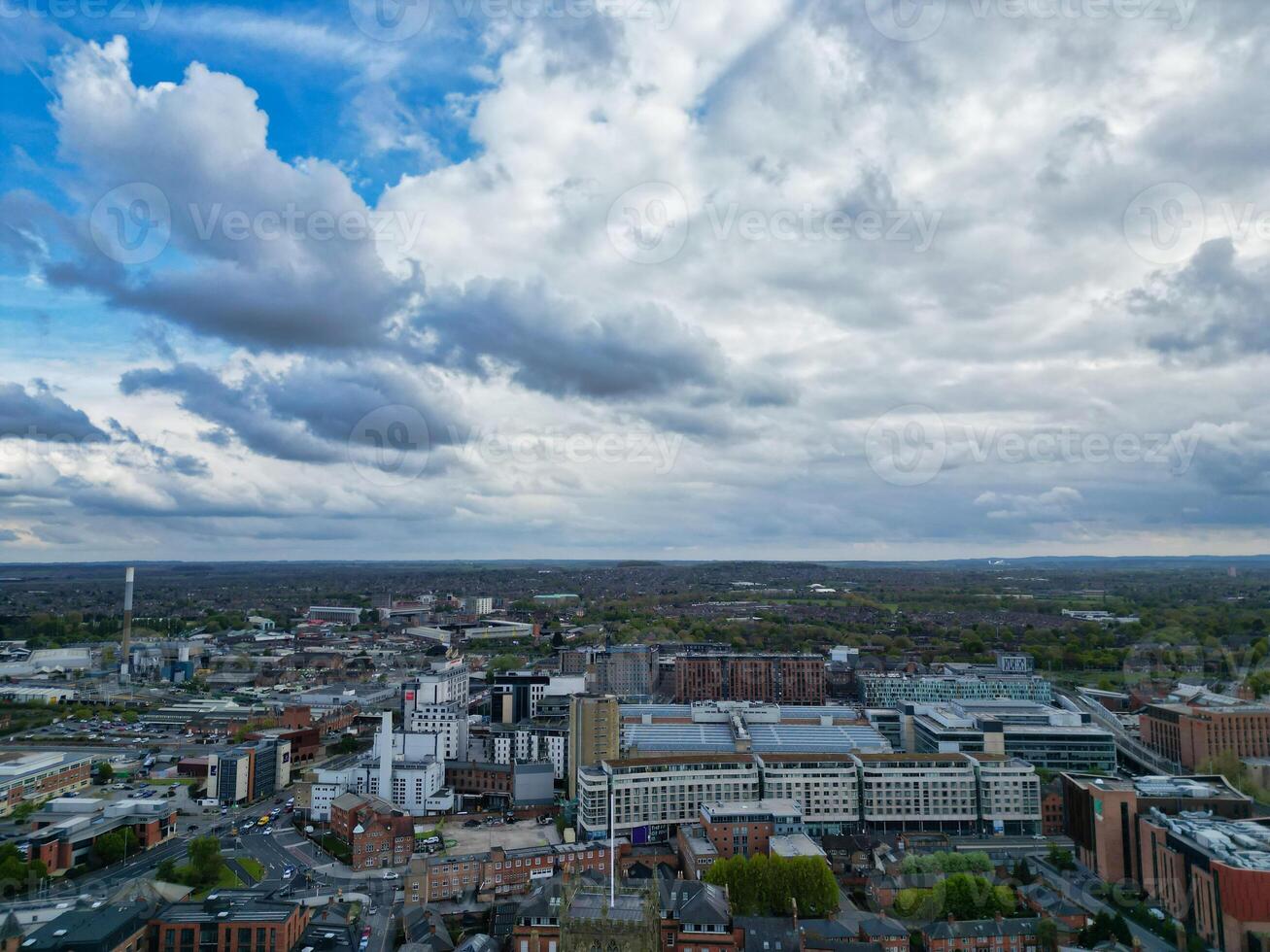 High Angle View of Buildings at Downtown Central Northampton City of East Midlands Region of England Great Britain. Aerial Footage Was Captured with Drone's Camera on April 26th, 2024 photo