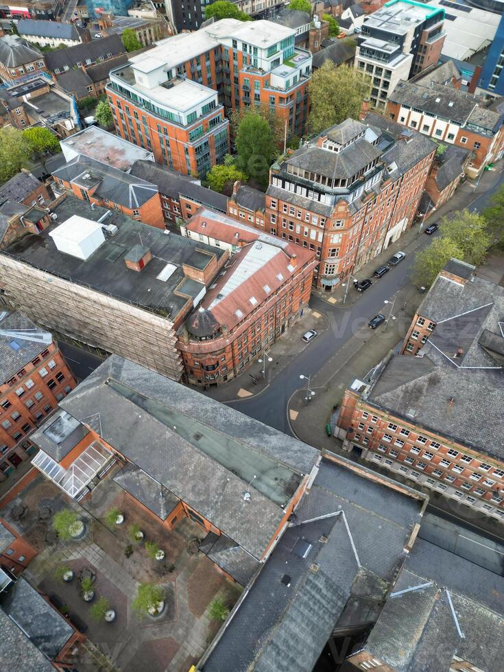 High Angle View of Buildings at Downtown Central Northampton City of East Midlands Region of England Great Britain. Aerial Footage Was Captured with Drone's Camera on April 26th, 2024 photo