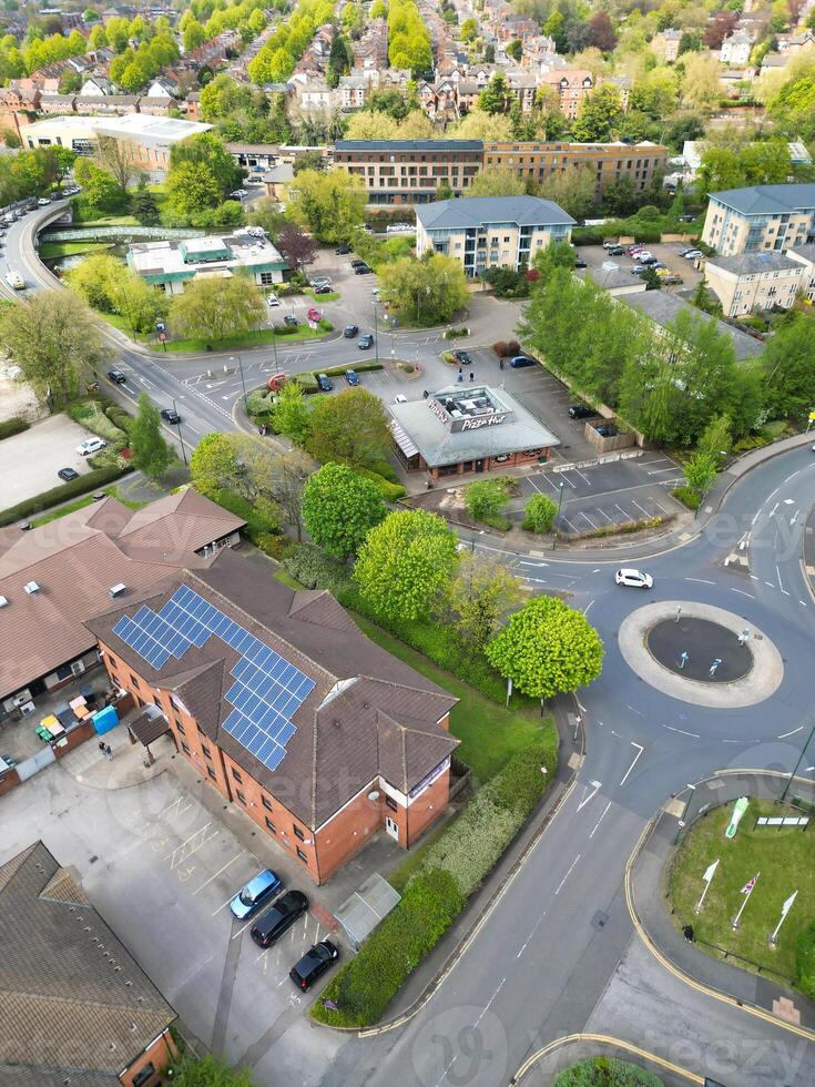 High Angle View of Buildings at Downtown Central Northampton City of East Midlands Region of England Great Britain. Aerial Footage Was Captured with Drone's Camera on April 26th, 2024 photo