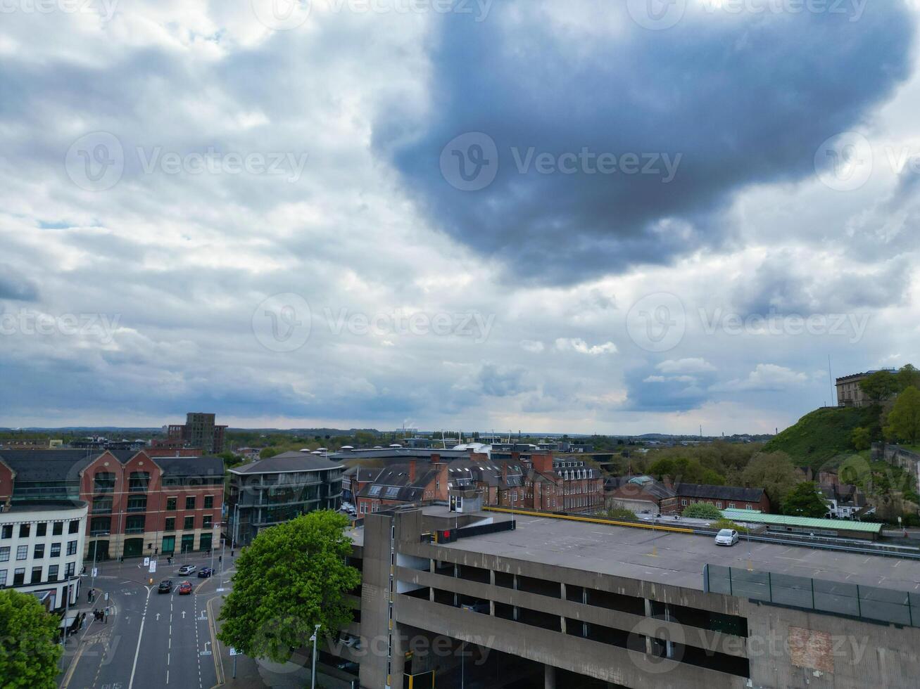 High Angle View of Buildings at Downtown Central Northampton City of East Midlands Region of England Great Britain. Aerial Footage Was Captured with Drone's Camera on April 26th, 2024 photo