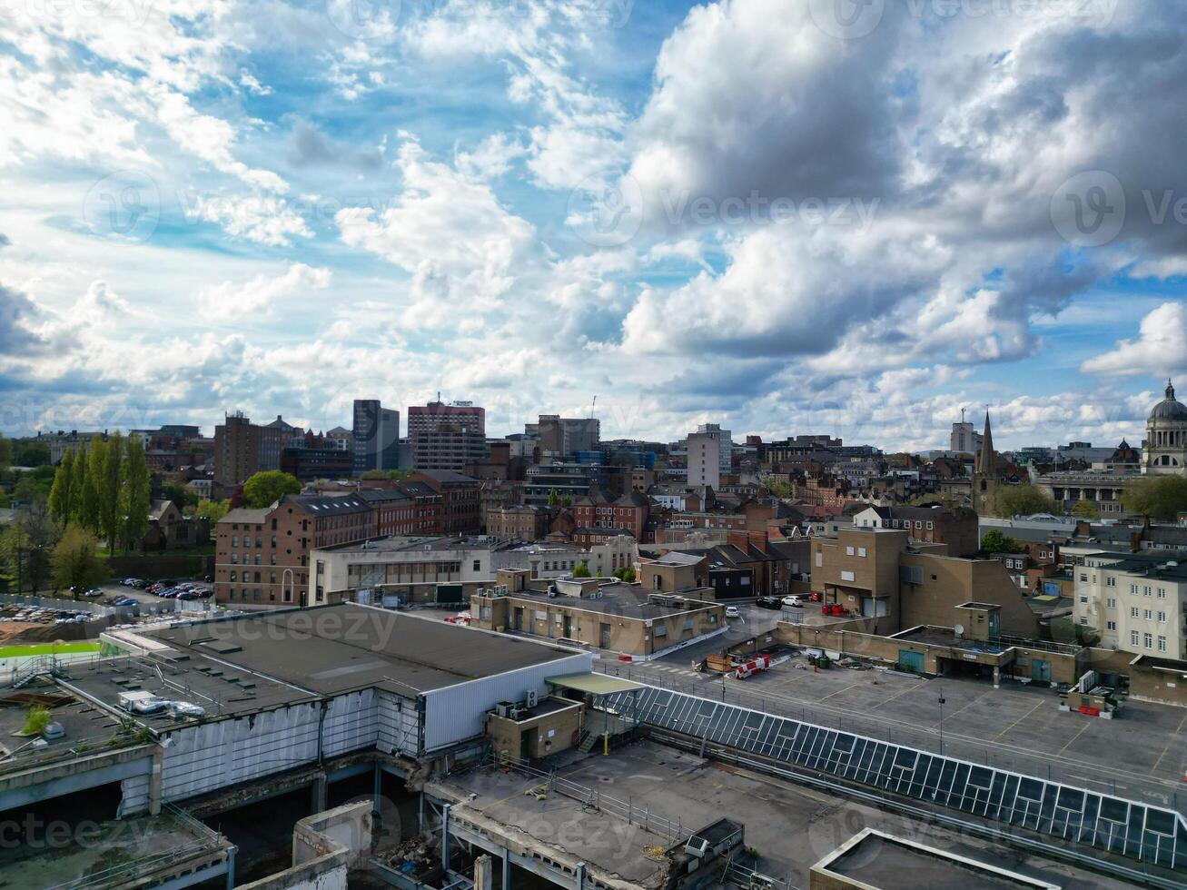 High Angle View of Buildings at Downtown Central Northampton City of East Midlands Region of England Great Britain. Aerial Footage Was Captured with Drone's Camera on April 26th, 2024 photo