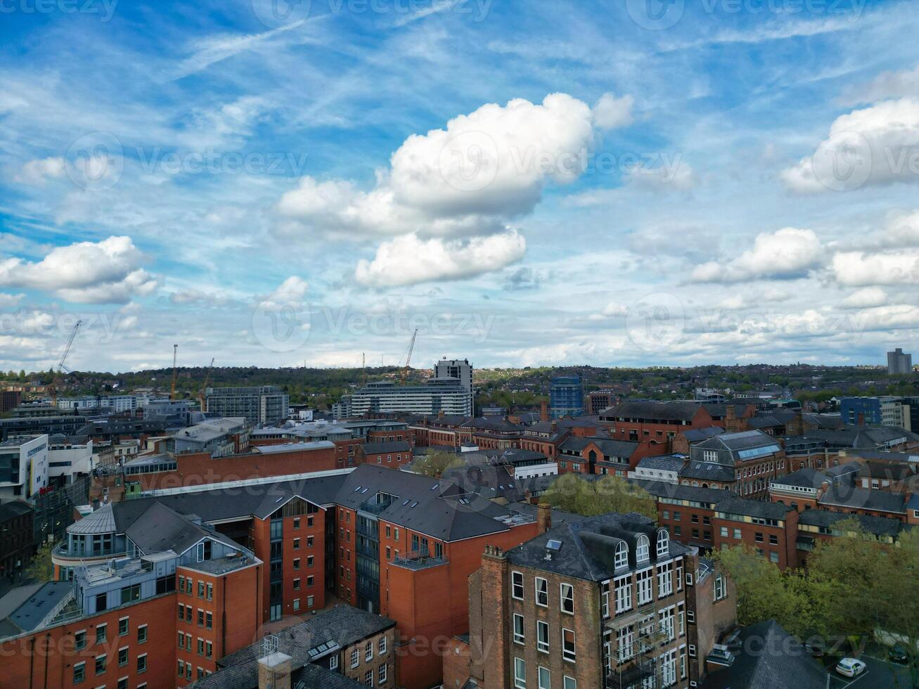 High Angle View of Buildings at Downtown Central Northampton City of East Midlands Region of England Great Britain. Aerial Footage Was Captured with Drone's Camera on April 26th, 2024 photo