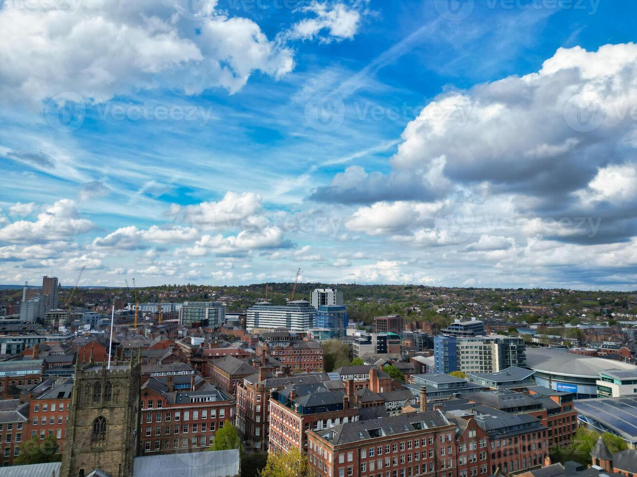 High Angle View of Buildings at Downtown Central Northampton City of East Midlands Region of England Great Britain. Aerial Footage Was Captured with Drone's Camera on April 26th, 2024 photo