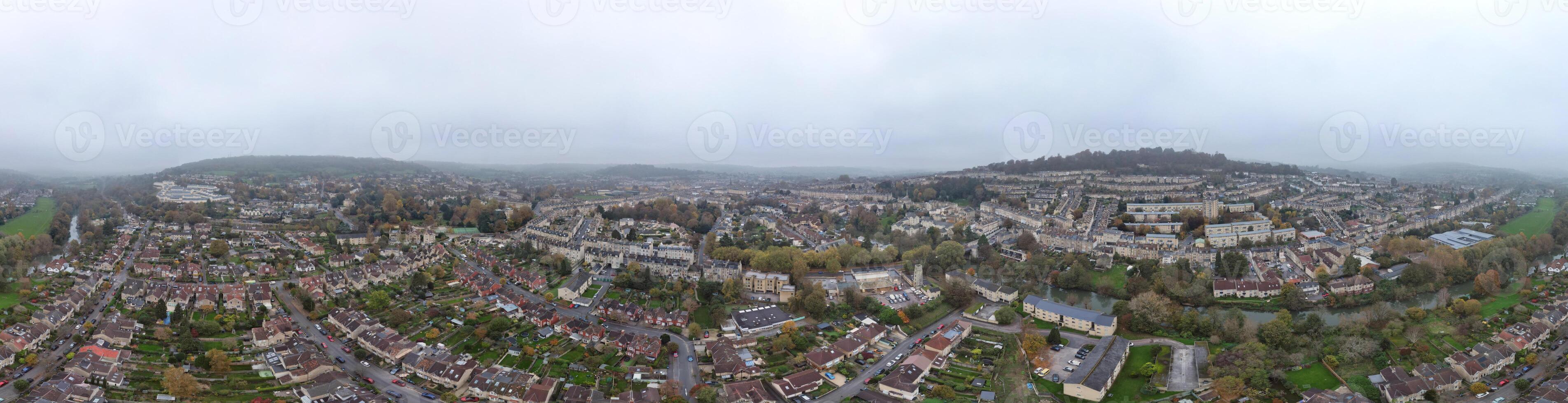 Aerial Panoramic View of Historical Walcot Bath City of England Which is Located in North East of Somerset, United Kingdom. High angle Footage Was Captured with Drone Camera on November 5th, 2024 photo