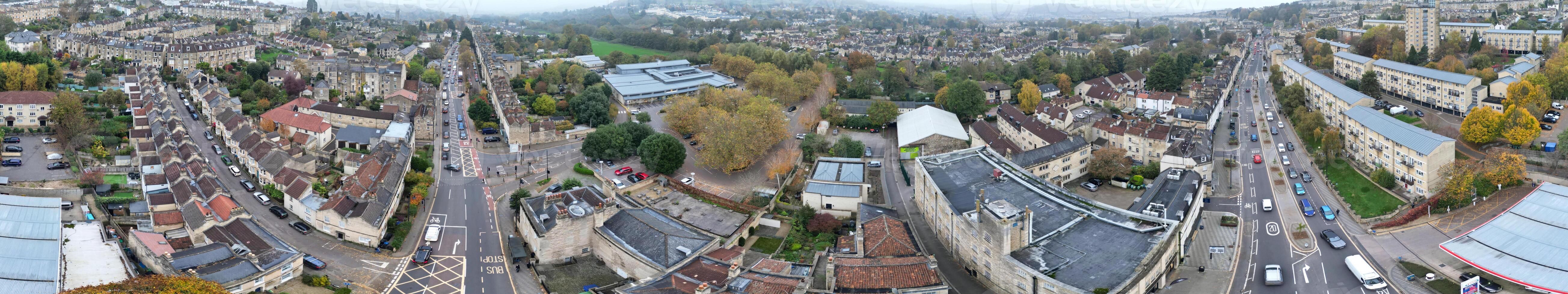 Aerial Panoramic View of Historical Walcot Bath City of England Which is Located in North East of Somerset, United Kingdom. High angle Footage Was Captured with Drone Camera on November 5th, 2024 photo