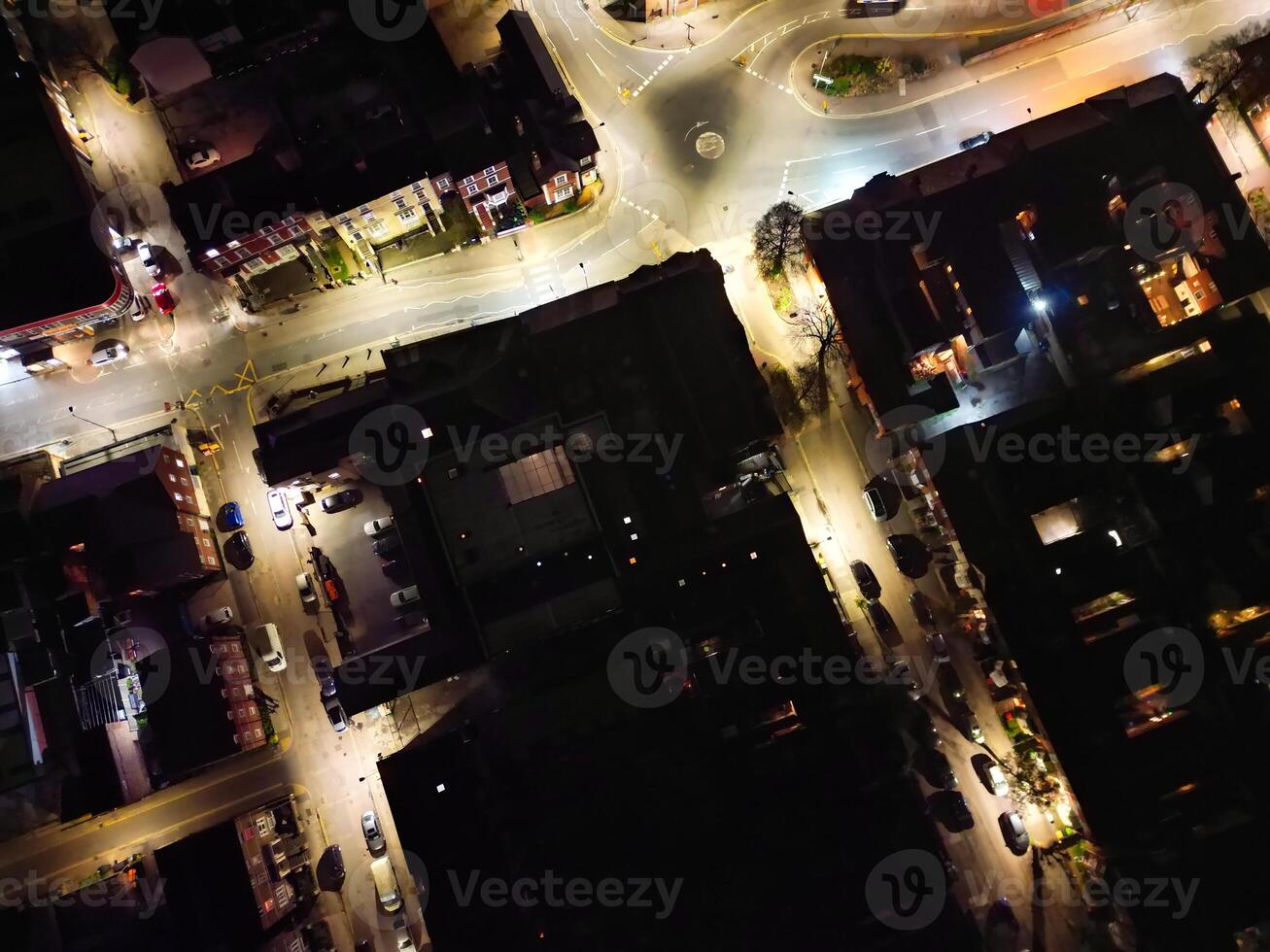 Illuminated Central Bedford City of England United Kingdom During Night. April 5th, 2024, High Angle Footage Was Captured after Sunset and Beginning of Night with Drone's Camera photo