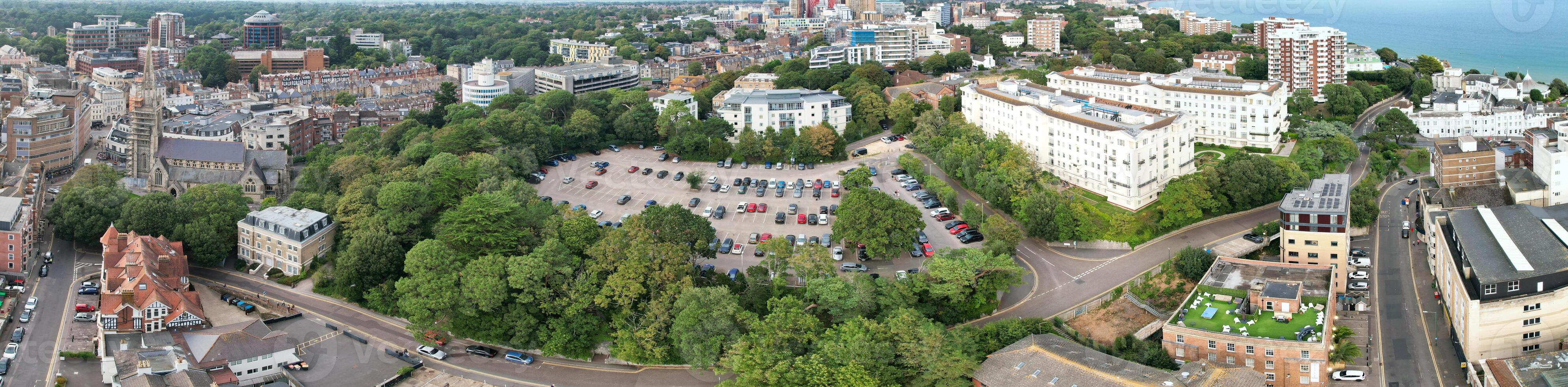 Aerial Panoramic View of Best British Tourist Attraction at Bournemouth City of England Great Britain UK. High Angle Footage was Captured with Drone's Camera from High Altitude on August 23rd, 2024 photo