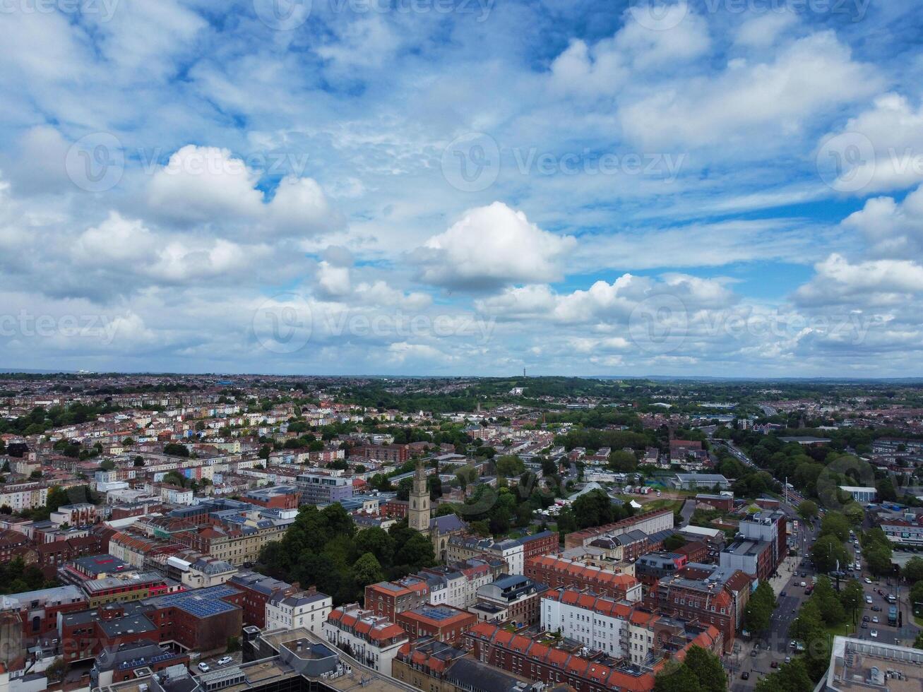 High Angle View of Buildings at Central Bristol City of Southwest of England, United Kingdom. The High Angle Footage Was Captured with Drone's Camera from High Altitude on May 26th, 2024. photo