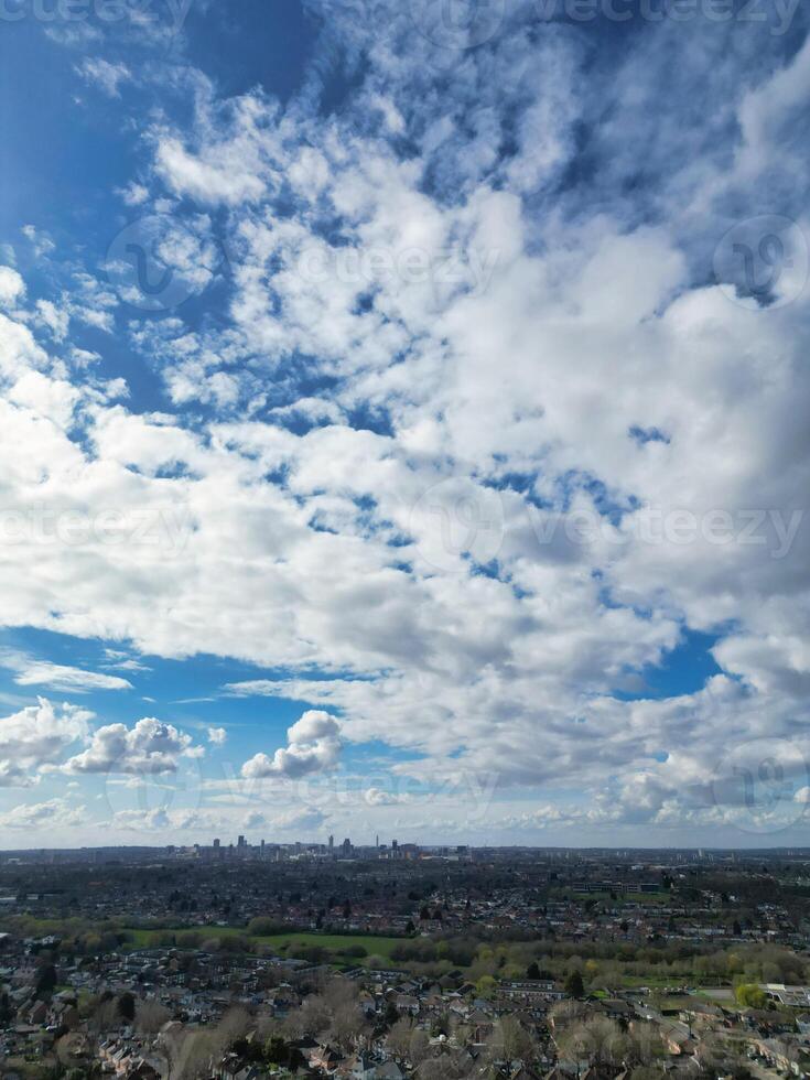 Aerial View of Residential District at Birmingham City of Midlands, England, United Kingdom. Drone Camera Footage was Captured from High Altitude During Sunset Time of March 30th, 2024. photo