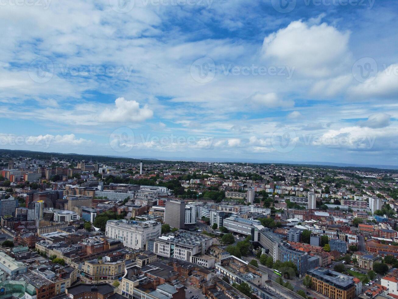 High Angle View of Buildings at Central Bristol City of Southwest of England, United Kingdom. The High Angle Footage Was Captured with Drone's Camera from High Altitude on May 26th, 2024. photo
